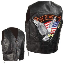 Diamond Plate Leather Vest Large Flying Eagle Patch Live to Ride Side Laces, Buffalo Front Button