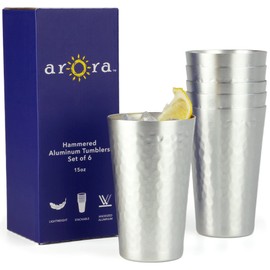 ARORA Aluminum Metal Cups for Drinks, Metal Anodized Hammered Silver Color Tumblers Set of 6, , Aluminum Drinking Cups for Father's Day 15oz