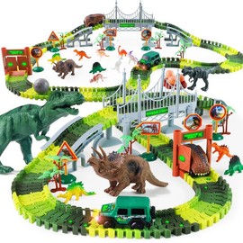 215 Pcs Glow-in-the-Dark Dinosaur Park Jurassic Race Track Train Playset Toys for Kids Car 215 PCS Road Toys for Boys,Girls,Best Toys Gift:_338PCS ConstructionCar Track Set