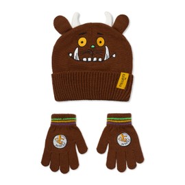 The Gruffalo Kids Hat and Gloves Set | Kids Character Novelty Face Winter Hat with 3D Ears and Horns in Brown | Striped Knit Gloves, brown, One size