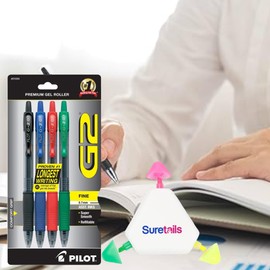 G2 Premium Gel Roller Pens, 1.8 Ounces, Fine 0.7 Mm Pens, Assorted Color Gel Pens, Bundled With Suretails Multicolor Highlighter Pen, Smooth Writing, Comfort Grip, Refillable Pack Of 4 [Packaging May