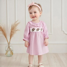 Toddler Girl Football Outfit Embroidered Puff Long Sleeve A Line Dress Cute Fall Game Day Dresses Clothes (Pink, 12-18 Months)