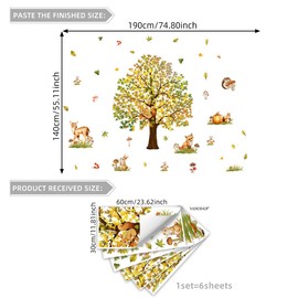 Mirabuy Woodland Forest Wall Decals, Large Autumn Tree with Woodland Animals Creactures Wall Stickers for Living Room Bedroom Fall Home Wall Decor, 74.8x55.1 inches, 6 Sheet Set