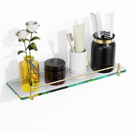 KOCOK Glass Shelf for Bathroom,16-Inch Gold Glass Bathroom Shelf Modern Stainless Steel Tempered Glass Floating Glass Shelf for Wall Mount Accessories