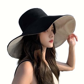 Bagzg Women's Hat, UV Protection, Wide Brim Hat, Summer, Small Face Effect, Foldable, Double-Sided, Sun Hat, Chin Strap, Won't Fly, Cotton Material, Stylish, Cute, Resort, Spring, Summer, Sea, Travel