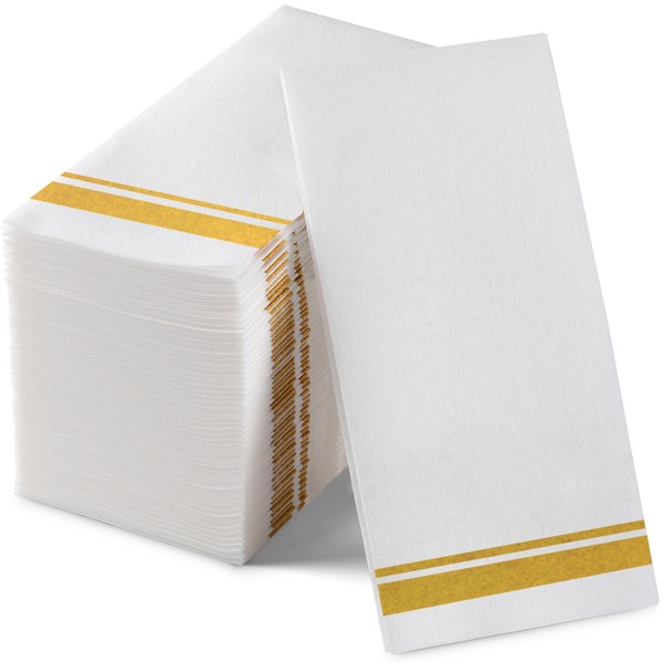 Disposable Linen-Feel Peper Napkins, Decorative White Guest Towels, 12" x 17" Gold Line Hand Napkins For Wdding, Party Or Event - Pack of 200