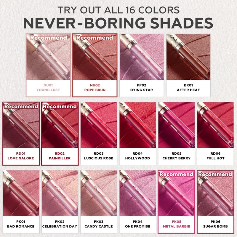 FOCALLURE Metallic Liquid Lipstick,Non Stick Cup Lip Gloss,High Impact Lip