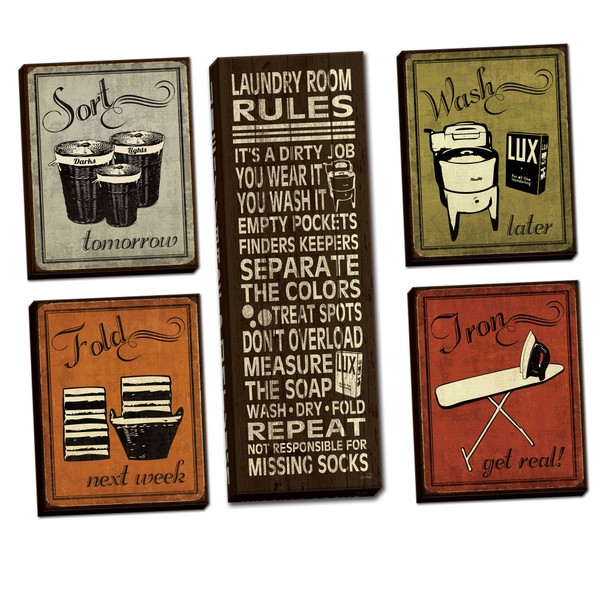 Trendy & Extremely Popular Humorous Laundry Room Rules and Laundry Sign; Four 8x10-Inch and One 8x20in Hand-Stretched Canvases; Ready to hang!