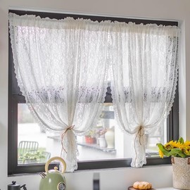 Yaland Jacquard Panel Curtain, Country House Style with Floral Pattern, Lace Look, Translucent Curtain with Drawstring in Kitchen, Living Room, 1 Piece, H x W 60 x 140 cm