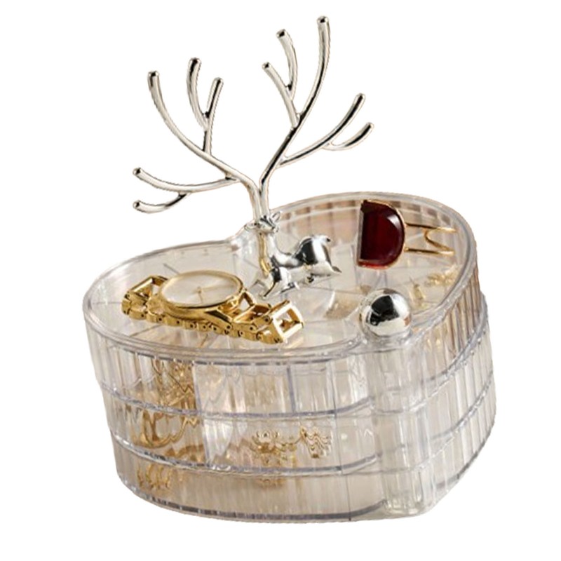 Rotating Jewelry Box with Lid Deer Antler Decoration 3 Layer