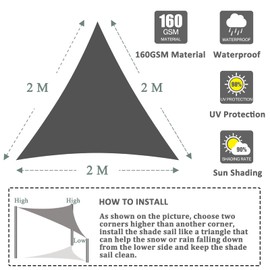 HEYOMART Sun Shade Sail Waterproof 2x2x2m Triangle, 98% UV Block PES for Garden Patio Sunscreen Canopy Sunsail with Free Ropes, Cream