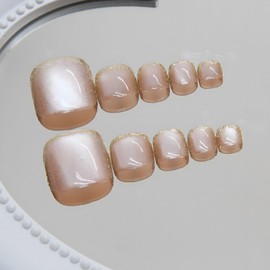 HAIMITI Summer Press On Toe Nails Short Square Fake Nails, Golden Cat's Eye False Toe Nails, French Acrylic Toenail Kit For Women Girls, Shiny Artificial Toenails Glossy Manicure Party Decor 24pcs