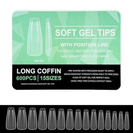600 Pcs Tips Soft gel OBP, Soft Gel Tips Para Uñas Diferentes Modelos Y Tamaños, DIY, Salón, Boda, Fiesta Extensión de uñas Uso (Long Coffin-A, Transp