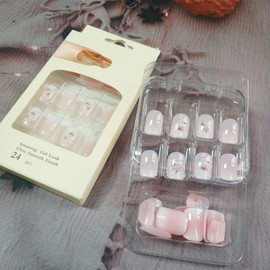 24Pcs Short Square Press on Nails Gel Glue on Nails for Manicure Art. Glossy White Flower Acrylic False Nails With White Ombre Design. Pink Gradient Full Cover Fake Nails Stick on Nails for Women