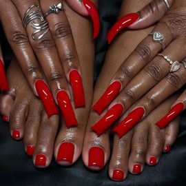 Red Press on Nails Long Curved Fake Nails with Designs Glossy Solid Red Press on Toenails Short Square Summer Fake Toenails Reusable Full Cover Beach False Toenails for Women Girls Manicure 44Pcs