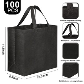 JERIA 100 Pack Black Reusable Totes Bag with Reinforced Handles Non Woven Bulk Shopping Bags