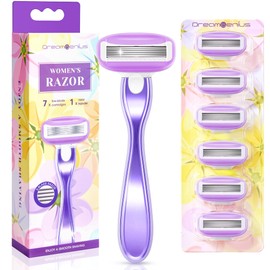 DreamGenius Razors for Women Include 1 Non-Slip Metal Handles and 7 Blade Refills, 5 Premium Blades Women's Razors for Shaving with 360° Lubrication Reduces Irritation, Purple