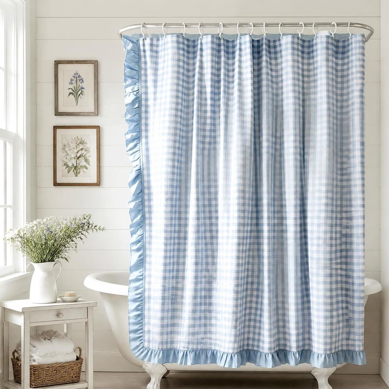 Whaline Gingham Ruffled Shower Curtain 72 x 72 Inch Blue