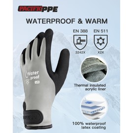 PACIFIC PPE 100% Waterproof Gloves for Men and Women, Winter Work Gloves for Cold Weather, Thermal Insulated Freezer Gloves, Super Grip, Grey, Medium