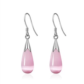 Bellitia Jewelry Women's Elegant Cat's Eye Earrings 925 Sterling Silver Tassel Earrings Gift Hypoallergenic Women Water Droplets Cat Eye Stone Earrings White/Pink/Green, Cats Eye
