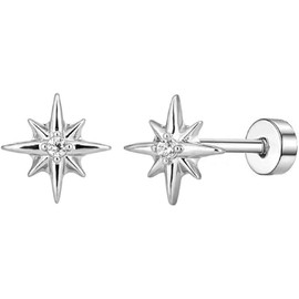 Cute Star Flat Back Small Stud Earrings for Women Men Minimalist Stars Cartilage Tragus Piercing Little Studs Hypoallergenic Fashion Trendy Jewelry (Silvery, One size)