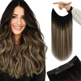 YoungSee Wire Hair Extensions Ombre Black Invisible Wire Hair Extensions Human Hair Balayage Natural Black to Dark Brown with Caramel Blonde Fish Wire Hair Extensions Hairpiece Extensions 14Inch 80G