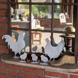 Storm's Gartenzaubereien Chicken Rooster Chickens Made of Metal – Shabby Grey Varnished – 5-Piece Garden Decoration to Stand Up