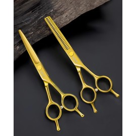 ULG Professional Hair Cutting Scissors Set – 6.5” Japanese Stainless Steel Barber Shears & Thinning Scissors with Comb, Clips & Case – At-Home Salon Haircut Kit Gold