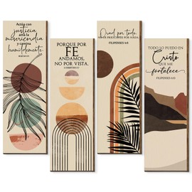 Queekay 4 Pcs Easter Gift Bible Verses Wall Art Christian Boho Wall Decor Wooden Inspirational Prayer Plaque Religious Gift for Mother Day Church Bathroom Home Farmhouse, 15.7 x 5.1 Inch (Spanish)