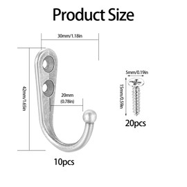 DAJMAIEZ 10 Pcs Coat Hooks, Single Prong Robe Hooks, Wall Mounted Clothes Hooks, Wall Hanging Hangers Hooks, Metal Hats Towels Doors Hooks Wall Mounted for Kitchen Bathroom with 14mm Screws