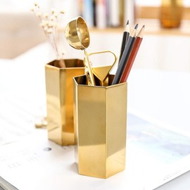 ZIZEV Pen Holder Gold Pen Holder Sixsided Vase Hexagonal Pen Holder Nordic Stainless Steel Metal Golden Container Stainless Alloy Ornaments Make Up Organizer Gold Pencil Holders
