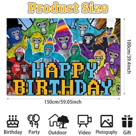 Gorilla Happy Birthday Backdrop, Photography Backdrop Photo Background, Happy Birthday Banner Party Supplies for Kids Party Decorations 5x3FT