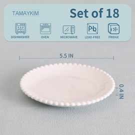 TAMAYKIM 5.5 Inch Porcelain Dessert Plates Set of 18, Small Ceramic Appetizer Plates, Round Mini Dinnerware Sets, Scratch Resistant, Microwave, Oven, and Dishwasher Safe, White with Pearl Dots