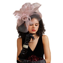 LATIMOON Pink Fascinator Hat for Women Girls Tea Party Elegant Kentucky Derby Hat Feather Headband for Wedding Party