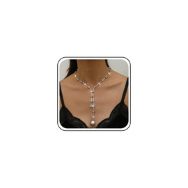 Xduargs Boho Crystal Lariat Y Necklace Vintage Crystal Pearl Y Drop Necklace Silver Rhinestone Pearl Y Necklace Sparkly Cz Crystal Wedding Bridal Necklace Jewelry for Women
