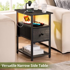 Yoobure End Table with Charging Station, Narrow Side Table with Adjustable Fabric Drawer, 3-Tier End Tables Living Room, Small Nightstand with Outlets, LED Skinny Night Stand for Bedroom Small Spaces