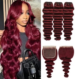 Loose Deep Wave Bundles with Closure Human Hair (12 14 16 with12 free) 10A Burgundy Bundles Human Hair Extensions Win Red Loose Weave 3 Bundles Human Hair with 4x4 Closure
