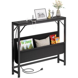 Asgolion 31.5'' Small Console Table with Charging Station and Storage, Entryway Table Narrow with Power Outlets and USB Ports, Skinny Sofa Table, for Living Room, Foyer, Entryway, Hallway, Black