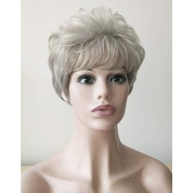 Royalfirst Capless Side Bangs Silvery Gray Short Curly Synthetic Hair Wig for Elderly Women