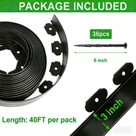 40 FT Landscape Edging Kit with 36 Spikes - 3 Inch High Flexible Plastic Garden Border - No-Dig Lawn Edging for Flower Beds, Pathways, and Yards - Durable Black Landscape Border(3in x 40FT)