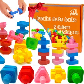 Jumbo Nuts and Bolts for Toddlers - 40 Pcs Screw Toys for Toddlers 1-3 - Occupational Therapy Toy with Storage Tote and Book - Shape Sorter Fine Motor Toy - Manipulatives for Preschoolers