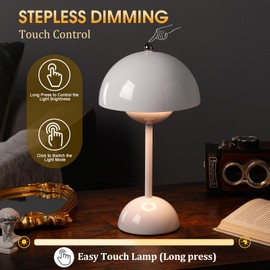 Wine Red Mushroom Table Lamp - 3 Color Stepless Dimmable Touch, Rechargeable Battery Operated Portable LED, Small Bedside Night Light for Indoor Outdoor