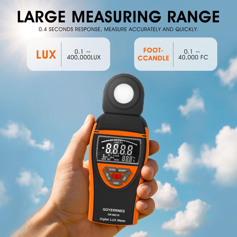 GOYERRNES Illuminance Light Meter, Digital Lux Foot Candles Meter 0.1~400,000