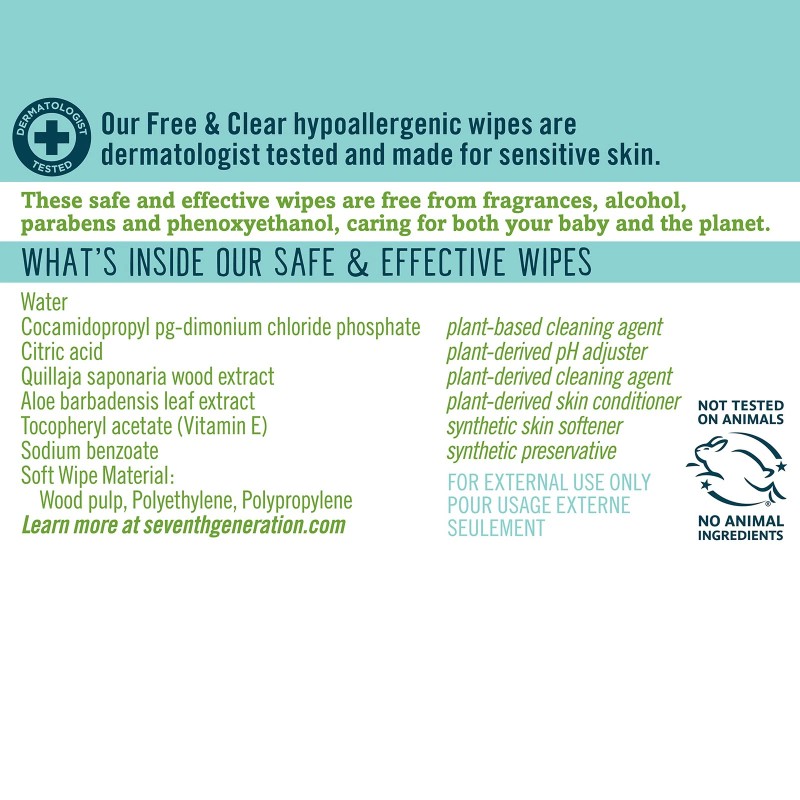 Seventh Generation Baby Wipes Unscented 64 Count Gentle Hypoallergenic Care