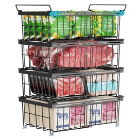 iSPECLE Freezer Organizer Bins - Fit 10 to 20 Cu.FT Chest Freezer, 4 Pack Expandable Stackable Large Deep Freezer Organizer Bins Sort Food, Easily Get Food from Bottom Better Ventilation, Black
