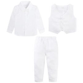 A&J DESIGN Ropa de Bautizo para Niño Formal Traje de Bebé con Chaleco, Camisa, Pantalones y Pajarita, Blanco, 2-3 Años