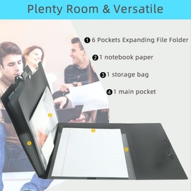 JIMEIQI Accordion File Organizer, 6 Pocket Expanding File Folder with Notebook & Storage Bag, Black Versatile Document Organizer for Letter Size/A4 Paper, Portable Accordion Folder for Office/School