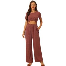 Allegra K 2 Piece Pant Set for Women's Casual Shrot Sleeve Front Twist Cropped Top Wide Leg Pants Lounge Summer Outfits Large Brick Red