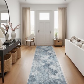 Deerly Kitchen Runner Rug 3x7 Hallway Rug Washable Rug 3x7 Rug Runner Modern Abstract Area Rug Soft Carpet Runner for Bathroom Kitchen Bedroom Laundry Room Rug Low-Pile Non Slip, Blue/Grey/White