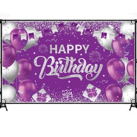 Cartel de fondo de fondo de feliz cumpleaños, color morado y plateado, 6 x 4 pies, letrero de telón de fondo plateado morado, suministros para fiesta de cumpleaños, fondo fotográfico para niños